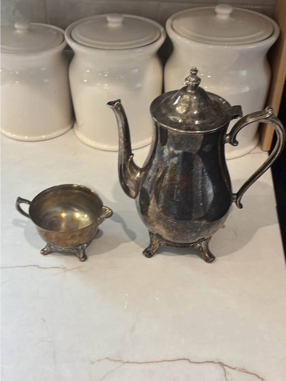 Vintage Silver-Tone Coffee Pot and Sugar Bowl - Silver Finish